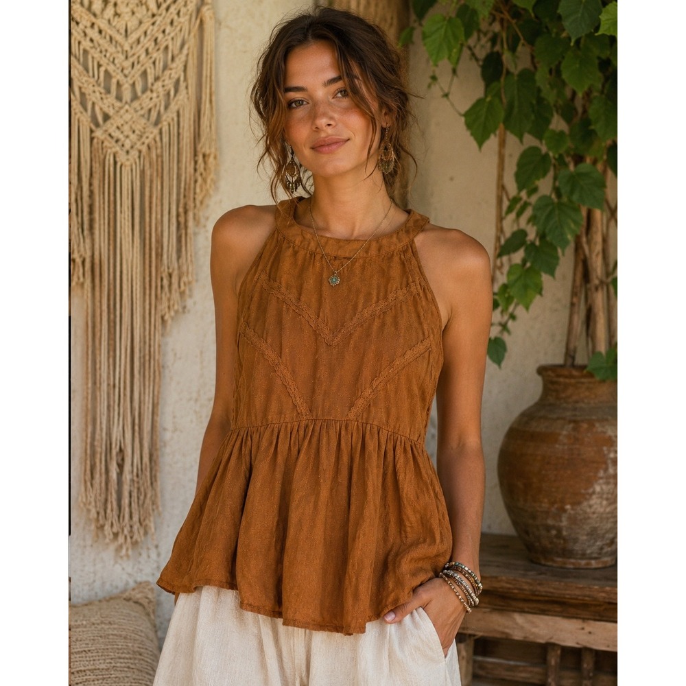 Rust Babydoll Halter Pesant Tank Top Sz XL Lace Trim Boho Festival Fairycore